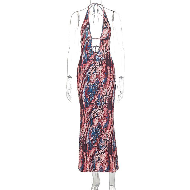 2024 European and American Summer New Slim Fit Sexy Gyaru Style Print Sling Hanging Neck Dress Foreign Trade