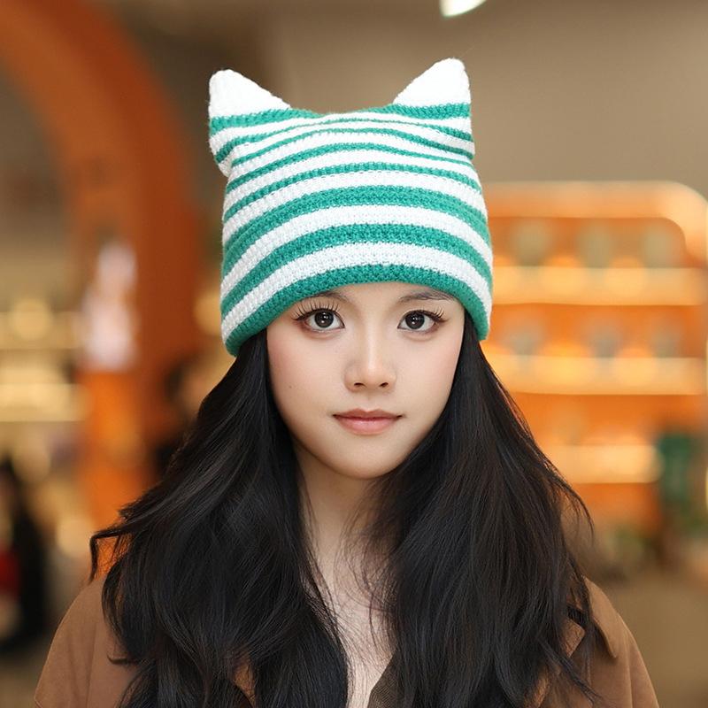 Korean Cute Cat Ear Knitted Hat Winter Keep Warm Retro Stripe Beanie For Women