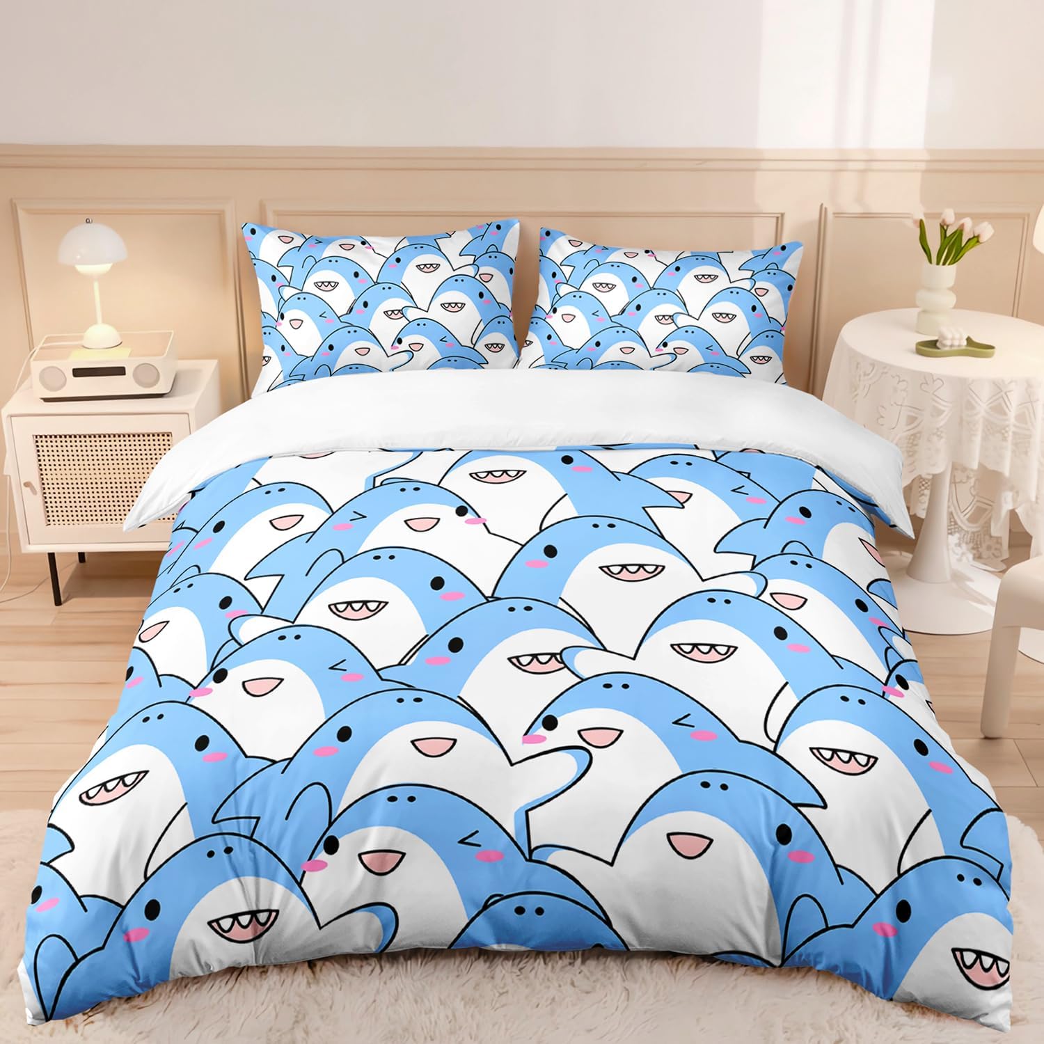 

Cartoon Shark Duvet Cover Set For Kids Blue Shark Bedding Set Lovely Sea Animal Comforter Cover With 2 Pillowcase Bedroom Decor 90X200cm