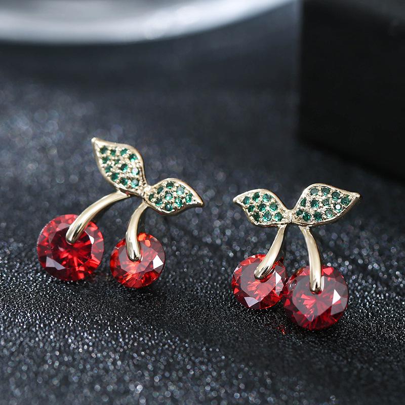 European Cherry-Shaped Gold-Plated Earrings with Copper Needles - Simple Fashion Design for Girls
