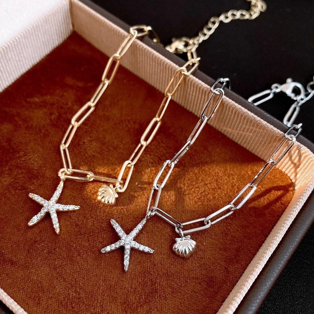 Copper Zircon Bohemian Shell Bangle Ornaments Beach Hand Chain Metal Shell Starfish Bracelet  Women