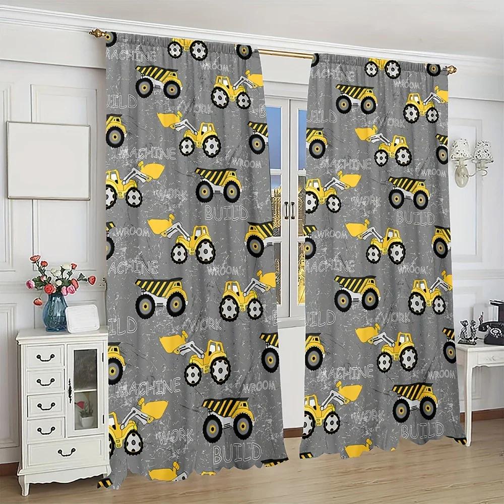 Set Of 2 Cartoon Fun Various Engineering Vehicle Printed Curtains Pole Bag Home Decoration Room Curtain Polyester