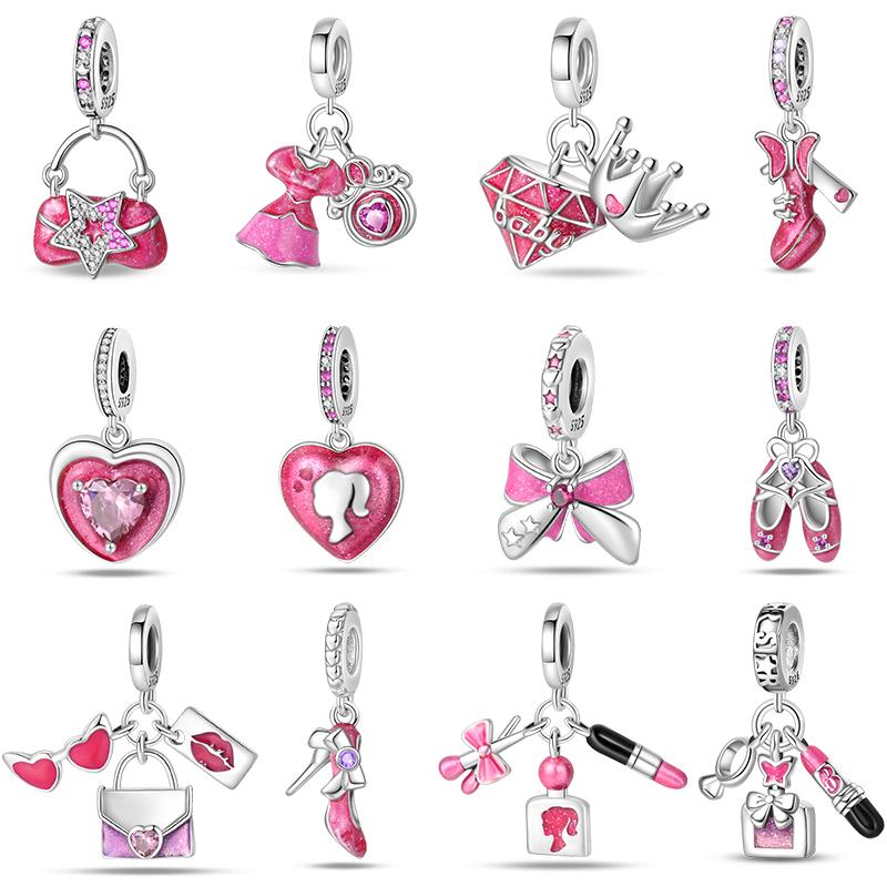925 Silver Pink Princess Skirt Butterfly High Heels Fashion Bag Charms Beads Fit Pandach 925 Bracelets Fine DIY Jewelry