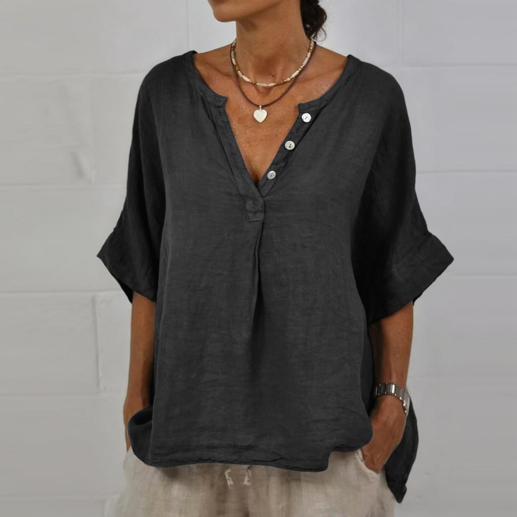 Women's  Color Casual Fashion Pullover With Mid Sleeve Cotton And Linen Top