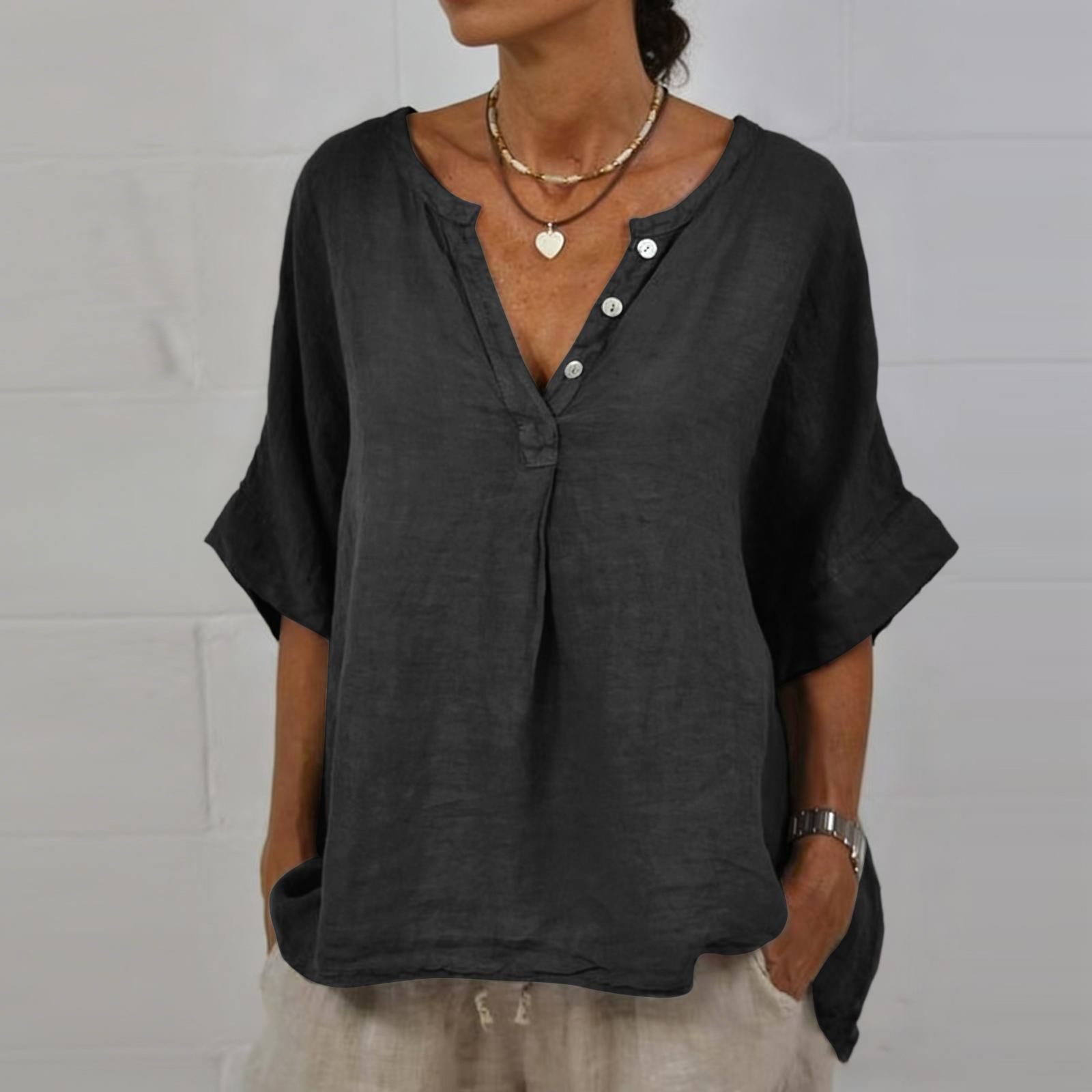

Women s Color Casual Fashion Pullover With Mid Sleeve Cotton And Linen Top L чорний