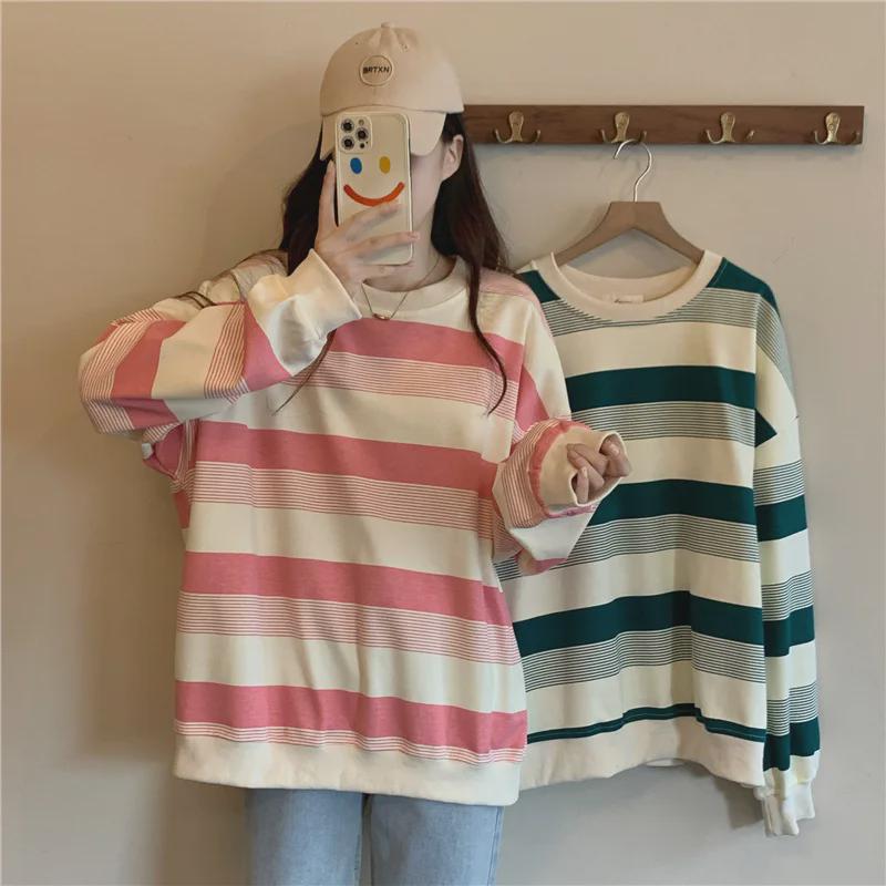 Women's Striped Contrast Color Long-Sleeve T-Shirt, Round Neck, Trendy Autumn/Winter Style for Female Students