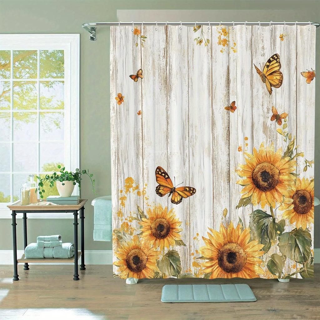 Sunflower And Butterfly Pattern, Artistic Graphic Print, Machine Washable Bathroom Curtain - Animal Themed Decorative Accessory