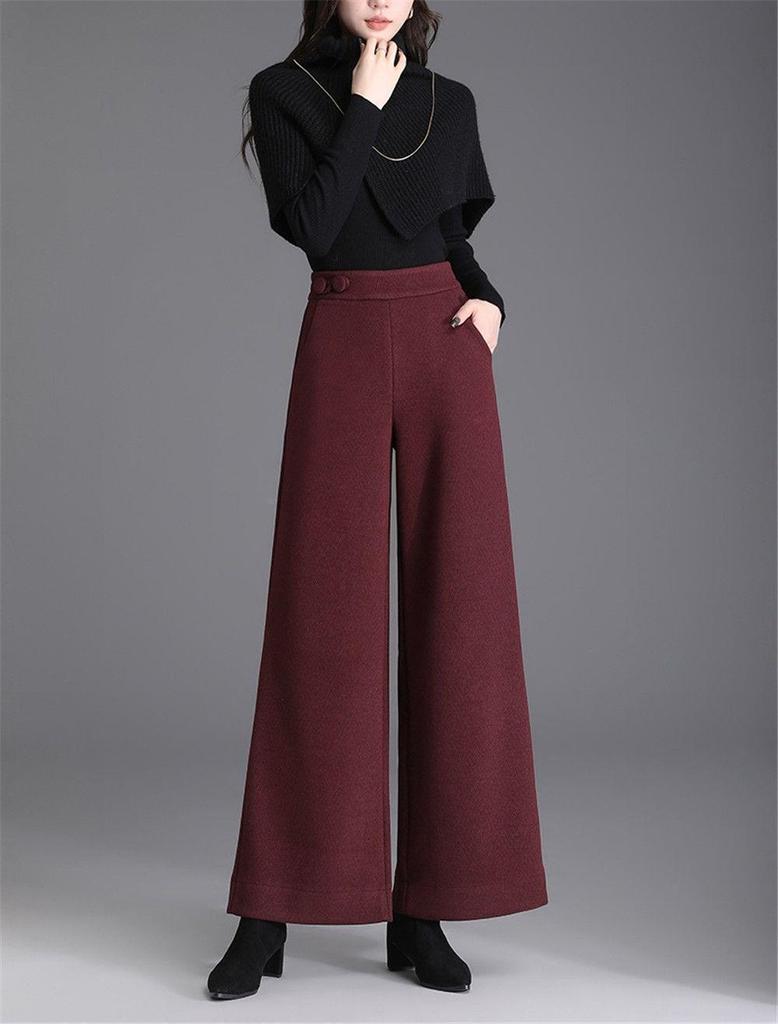 2025 Women's High-Waist Wide-Leg Wool Pants - Loose, Casual, Solid Color