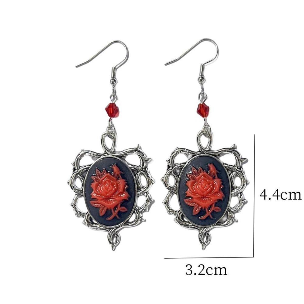 Gothic Silver Color Oval-shaped Thorny Frame Red Rose Flower Relief Dangle Earrings for Women Halloween Party Punk Jewelry Gifts