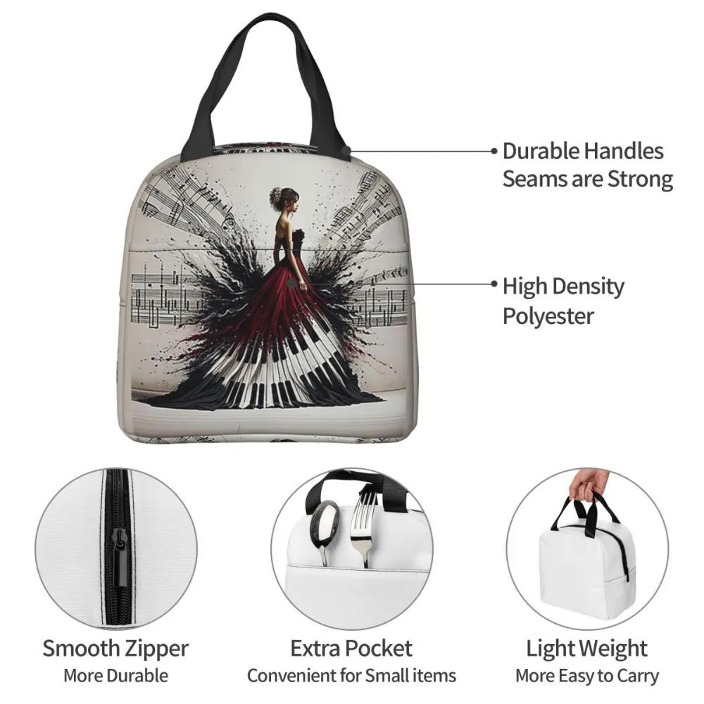 Beautiful Lady Piano Musical Notes, Wavy Dress Insulated Lunch Bag for Kids School Cooler Thermal Food Box Tote Portable