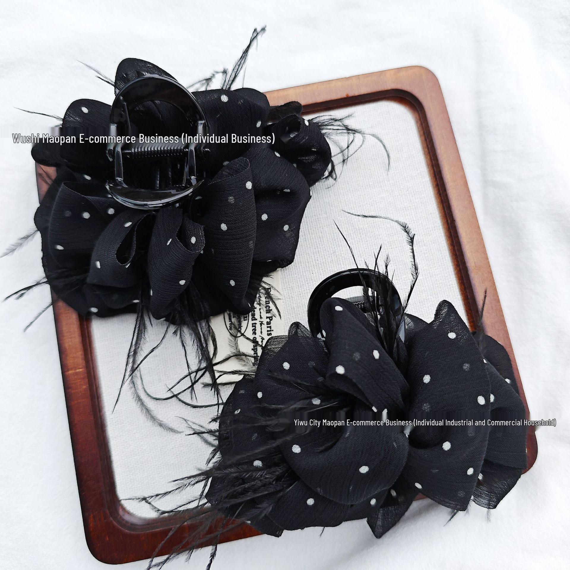 Korean Polka Dot Feather Hair Claw for Women - High-End Mesh Flower Hairpin Accessory