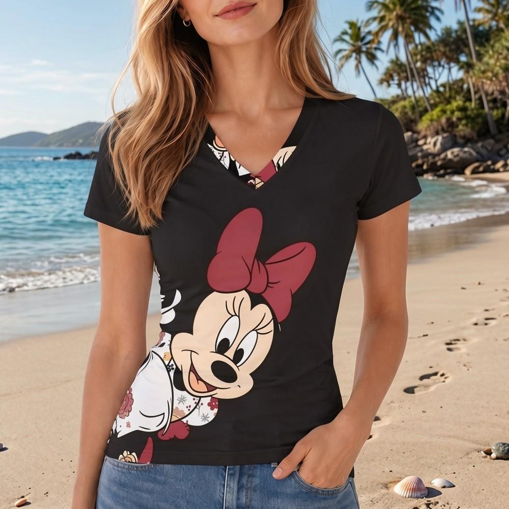 Disney Minnie Mouse Kawaii Women's T-shirt Summer Female Clothing V-neck Polka Dot Short Sleeve 3D Print Fashion Y2K T-shirts