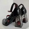 Fashion Punk Gothic High Heels Pumps Women 2024 New Rose Heeled Patent Leather Shoes Woman Ankle Straps Black Mary Jane Shoes