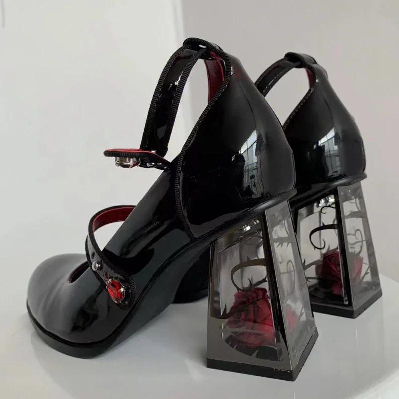 Fashion Punk Gothic High Heels Pumps Women 2024 New Rose Heeled Patent Leather Shoes Woman Ankle Straps Black Mary Jane Shoes
