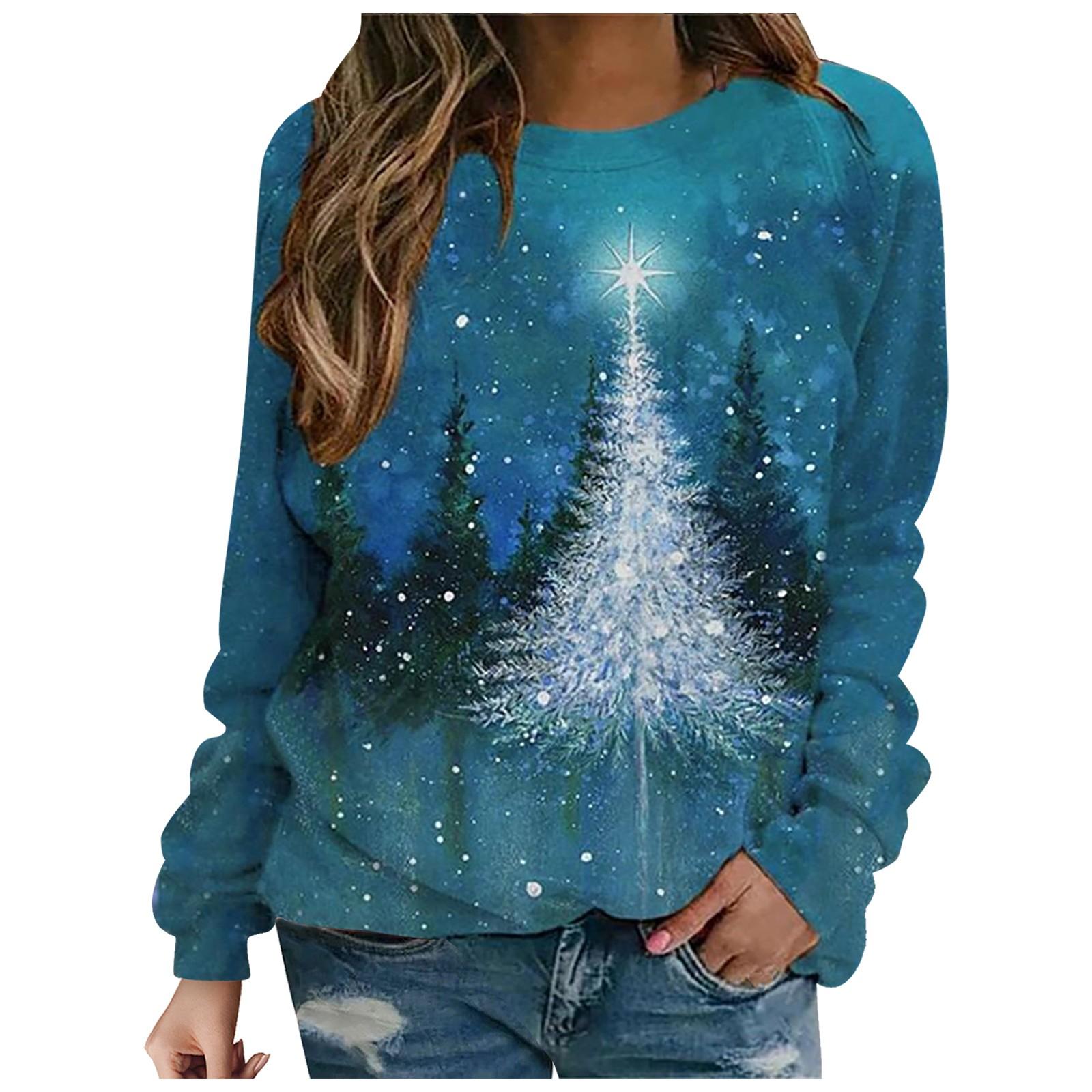 

Женская классическая модная футболка с рождественским принтом и круглым вырезом, длинными рукавами, топ