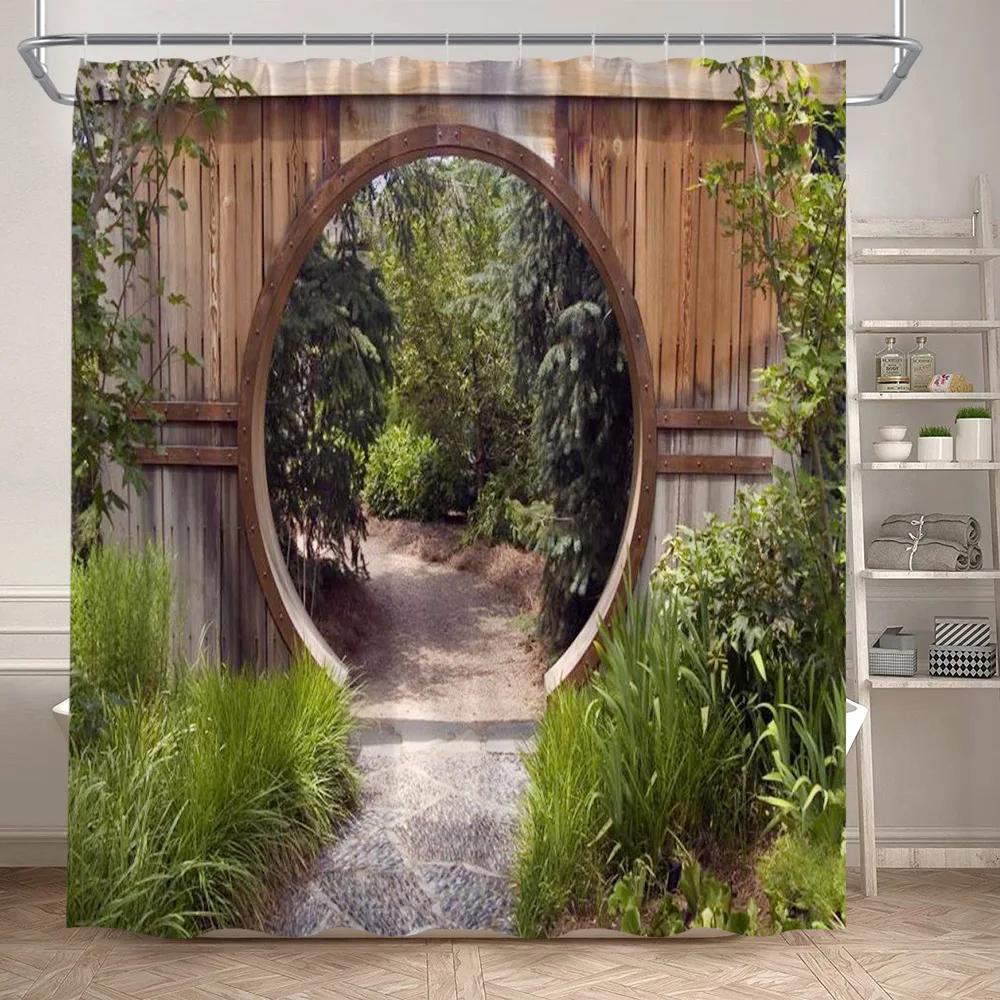 Fence Flowers Shower Curtains Blue Window Nature Floral Plants Scenery Modern Garden Wall Hanging Home Bathroom Decor with Hooks