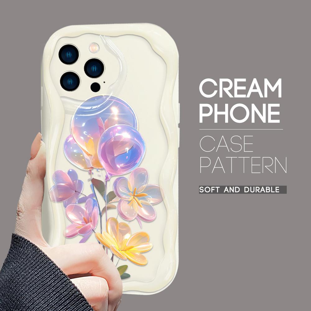 For iPhone 16 15 14 13 12 Pro Max Samsung S24 Ultra S23 S22 Plus Redmi Note 13 Pro Balloon Flowers Cream Texture Soft Silicone Cover Phone Case