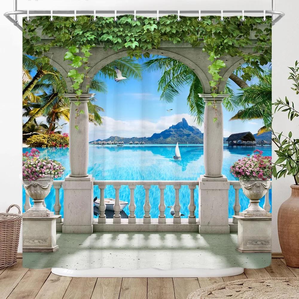 Window Outside Forest Bridge Spring Landscape Creativity Shower Curtain Zen Stone Tree Building Scenery Cloth Curtains With Ho