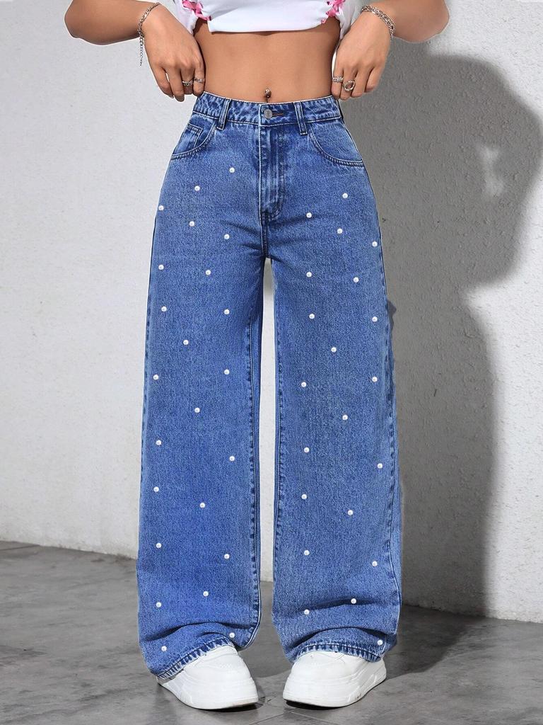 INS Style Pearl Adorned Straight-Leg Wide Denim Pants