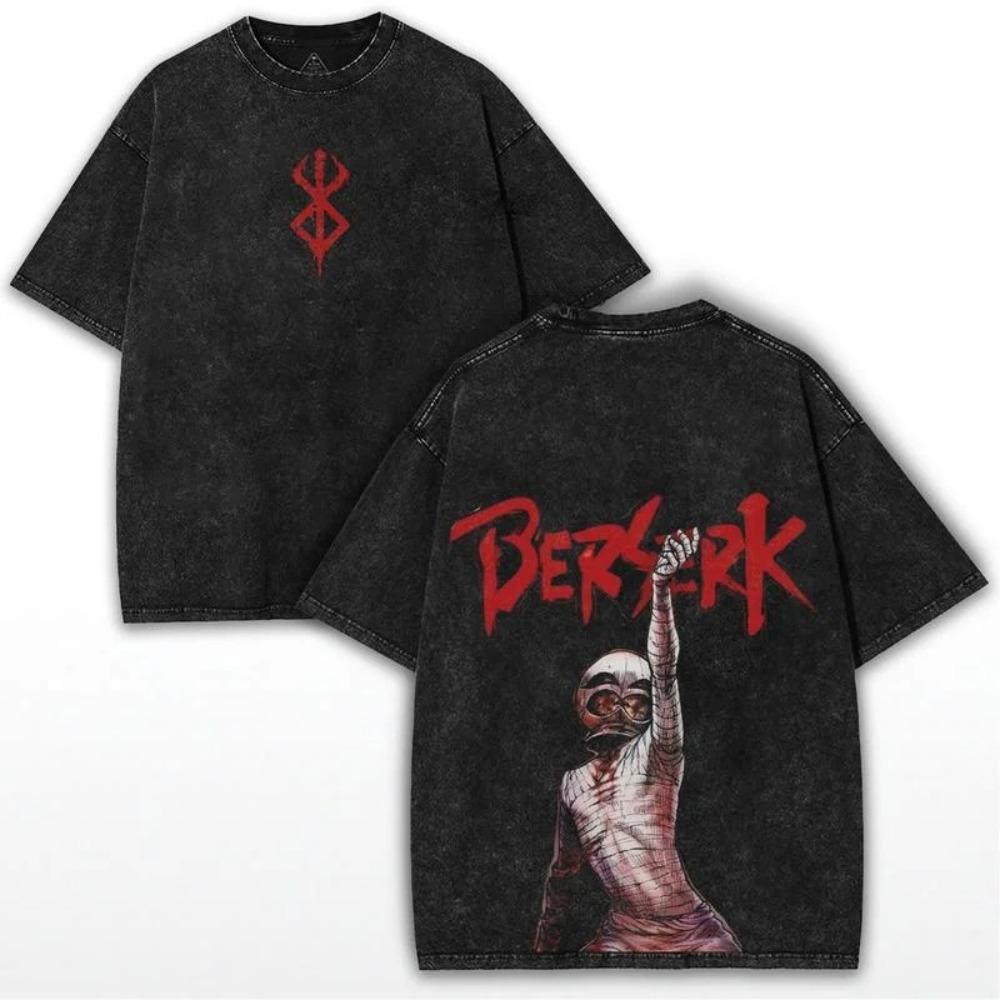 Oversized Acid-Wash Vintage Short-Sleeve T-Shirt Featuring Berserk Guts The Black Swordsman Graphic Print