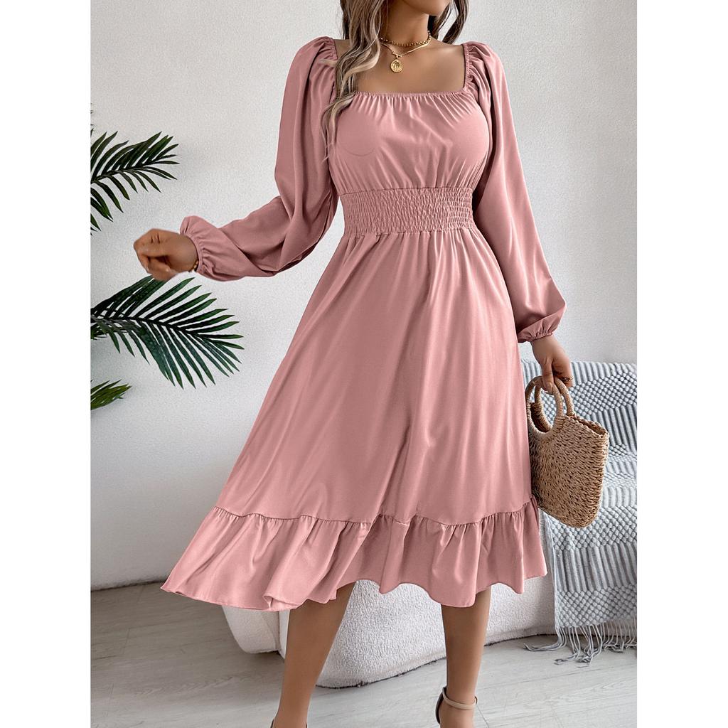 Autumn and Winter Casual Elegant Solid Color Round Neck Long Sleeved Waist Cinched Lotus Leaf Edge Dress Women Clothing