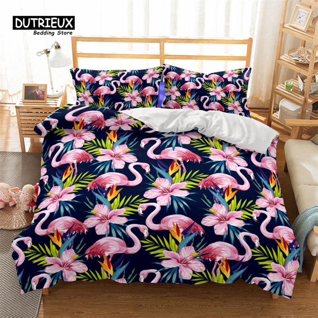 Soft Flamingo 3D Print Bedding Set Fresh Style Cartoon Animals Green Leaves Tropical Fruit Floral Duvet Cover With Pillowcases