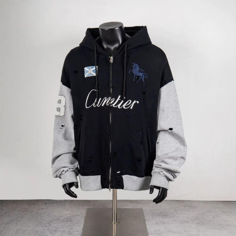 Mens Oversized Hooded Zip-Up Sweatshirt With Contrast Stitching Vintage Streetwear Style Cotton Blend Loose Fit Winter Jacket
