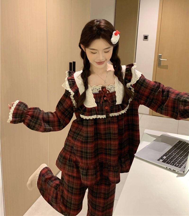 Korean Style Autumn/Winter Couples Red Plaid Lace Homewear Set: Comfortable and Sweet.