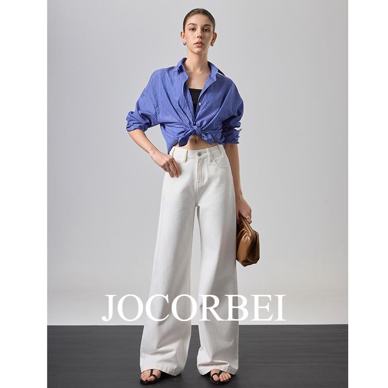 JOCORBEI High-End Pure Cotton White High-Waisted Wide-Leg Straight Pants 25