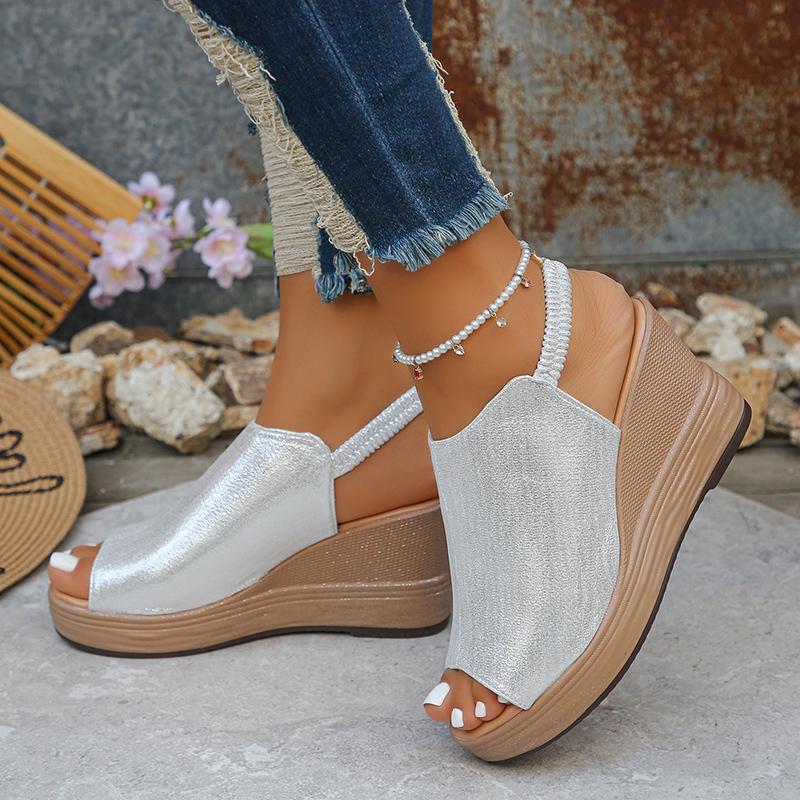 Fashion Gold Platform Wedge Sandals for Women Open Toe Thick Sole Summer Beach Shoes Woman Fashion Elastic Ankle Strap High Heel Sandals