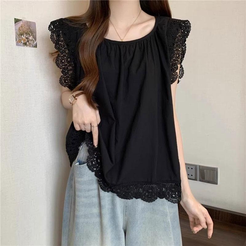 

Повседневная кружевная блузка с рукавами-крылышками, женская одежда, милая однотонная летняя базовая без рукавов, французский стиль, комбинированная, свободная рубашка XXL чёрный