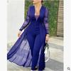 Women's Fashion Jumpsuit: Solid Color, Deep V-Neck, Long Sleeve, Lace Trim, Slim Fit Skirt Pants