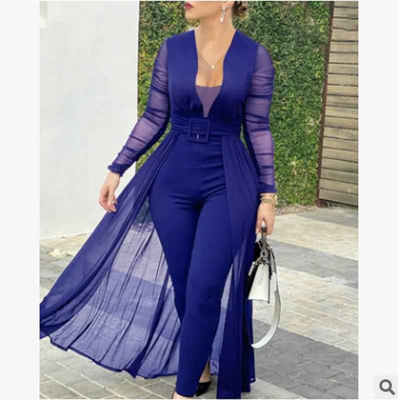 Women's Fashion Jumpsuit: Solid Color, Deep V-Neck, Long Sleeve, Lace Trim, Slim Fit Skirt Pants
