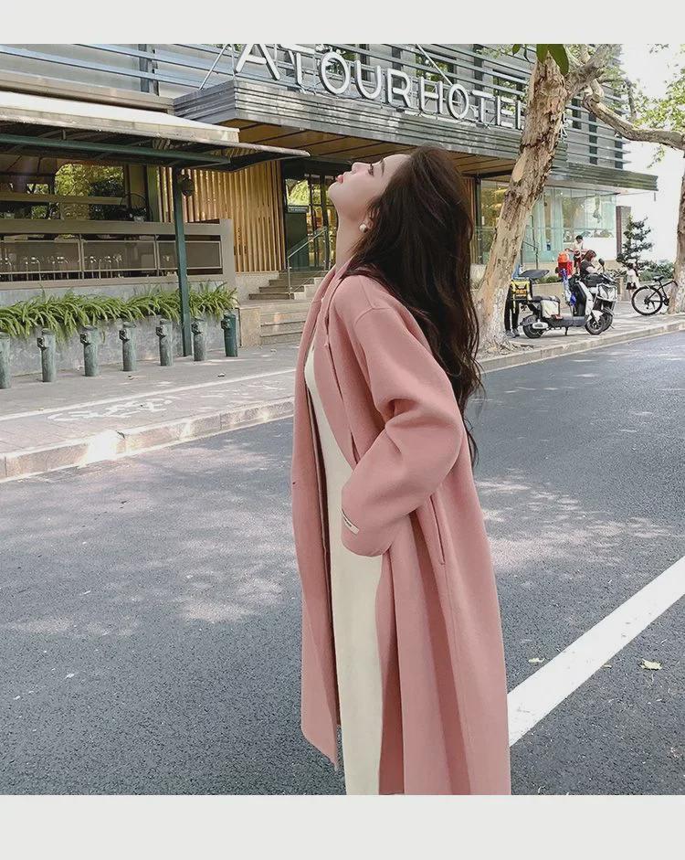 Women's Pink Woolen Mid-Length Loose-Fit Coat - 2023 Autumn/Winter Korean Hepburn Style