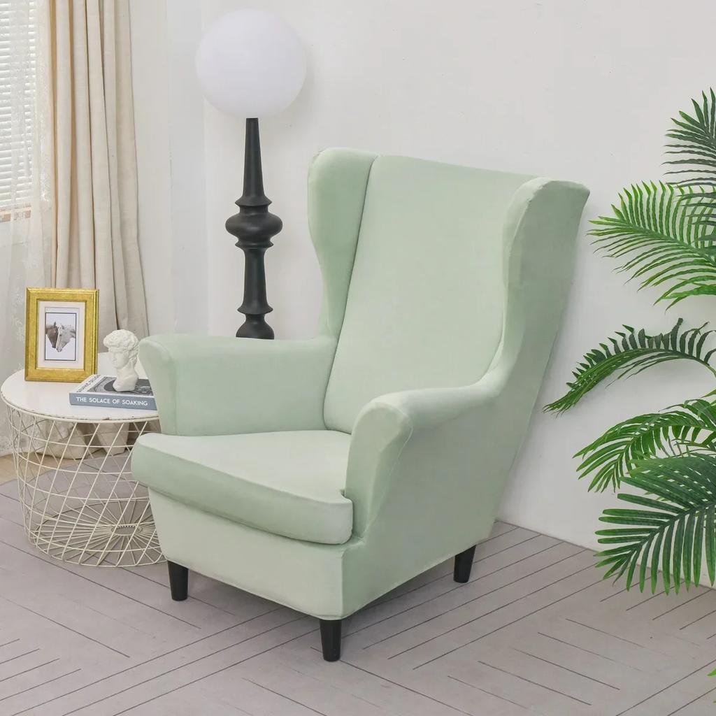 2pcs/set Velvet Wingback Chairs Covers Removable Wing Armchair Cover with Seat Cushion Cover Elastic Sofa Slipcovers Living Room