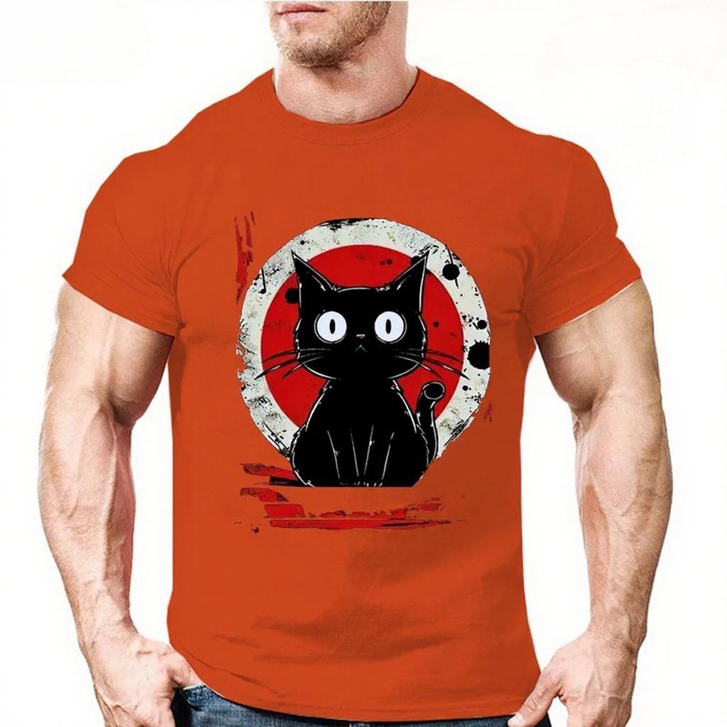 Summer Round Neck 3D Japanese Black Anime Cat Pattern Print Top Fashionable Casual Short Sleeved Men's T-shirts