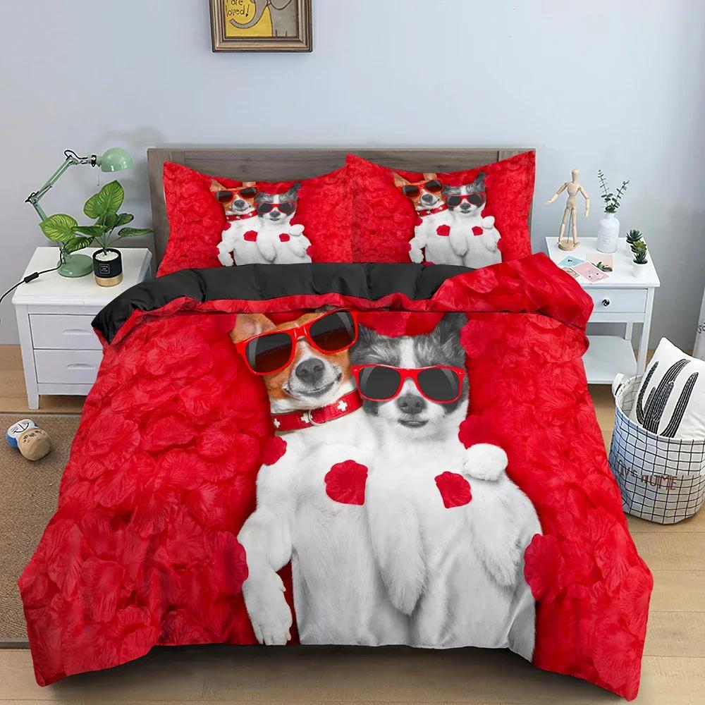 Cartoon Bulldog Dog Bedding Set Roses Duvet Cover Bedroom Comforter Cover Single Twin King Size Quilt Cover Home Textile 23Pcs