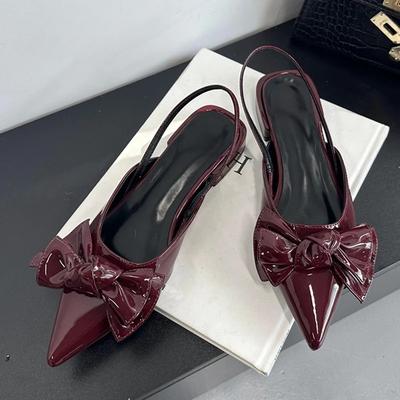 Designer Bowknot Flat Sandals Women Sexy Pointed Toe Backless Square Heel Dress Shoes New Fashion Party Back Strap Brand Pumps