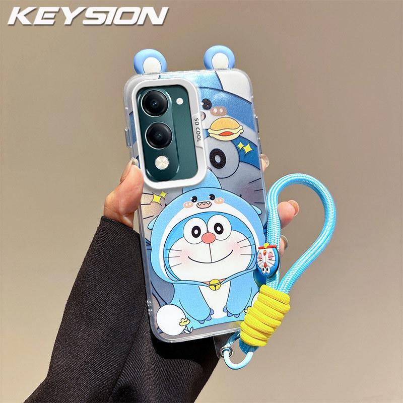 KEYSION Cute Ear Cartoon Case for VIVO Y04 Y04s with Lanyard Soft Silicone+PC Shockproof Phone Cover for VIVO Y29s Y29t 5G