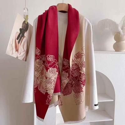 Warm Faux Cashmere Shawl For Ladies Rose Cluster Elegant Scarf Color-Blocking Style Autumn And Winter New