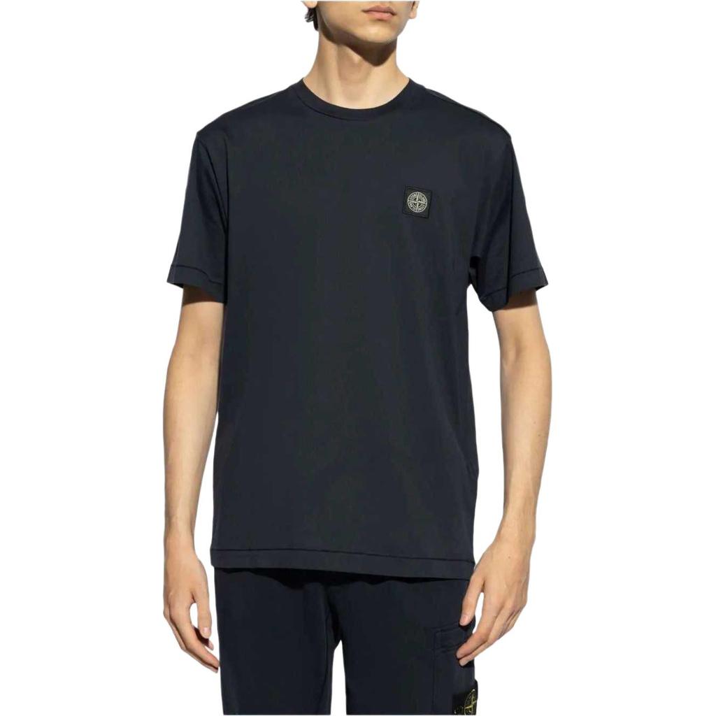 STONE ISLAND FW24 Coton Couleur Unie Badge Col Ras du Cou Manches Courtes T-Shirt Homme Hauts Bleu 811524113-A0020