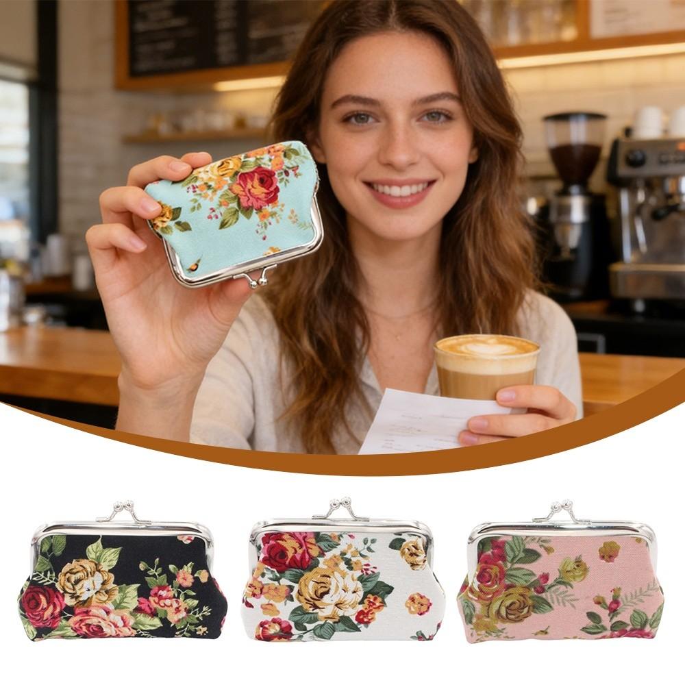 Elegant Flower Printed Coin Purse Vintage Canvas Wallet Small Pouch Women