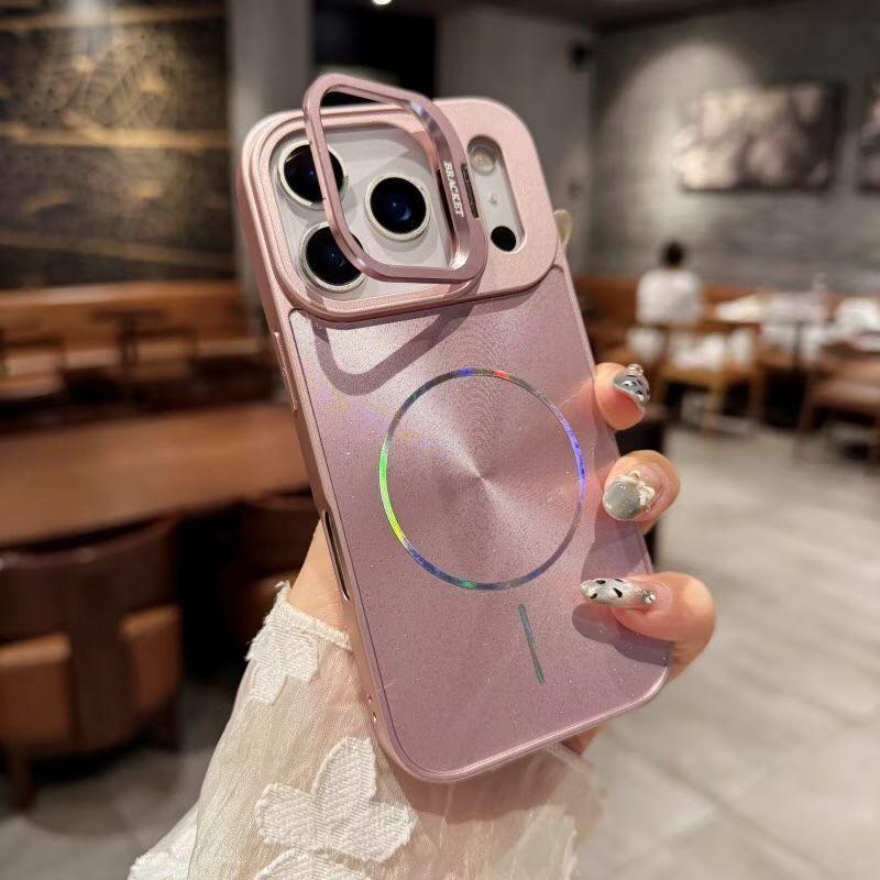 Hardware lens holder with ice crystal glitter and magnetic aurora CD pattern suitable for Apple 17PM phone protective case