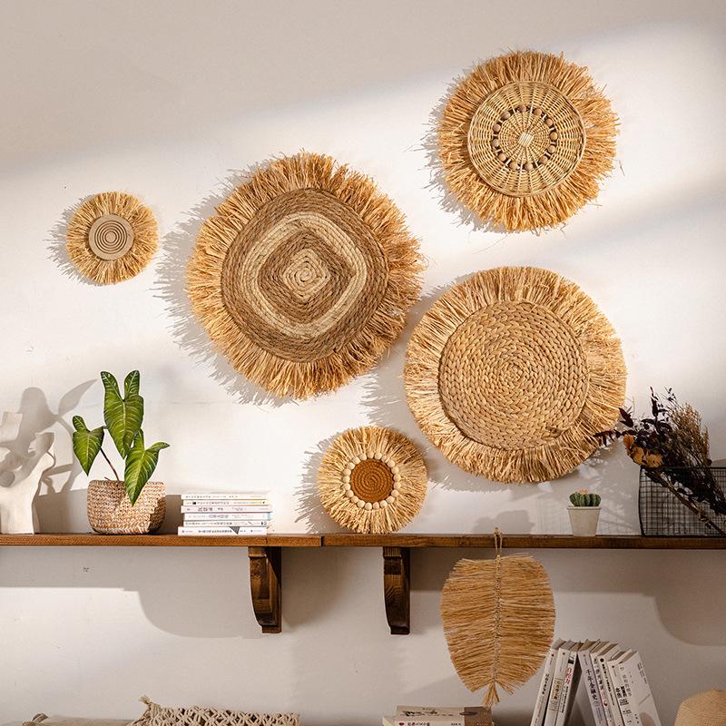 Stile Giapponese Wabi Sabi Appendino da Parete Marocchino Intrecciato Naturalmente in Rattan & Erba Decorazione da Parete per Soggiorno Decorazione per la Casa Boho