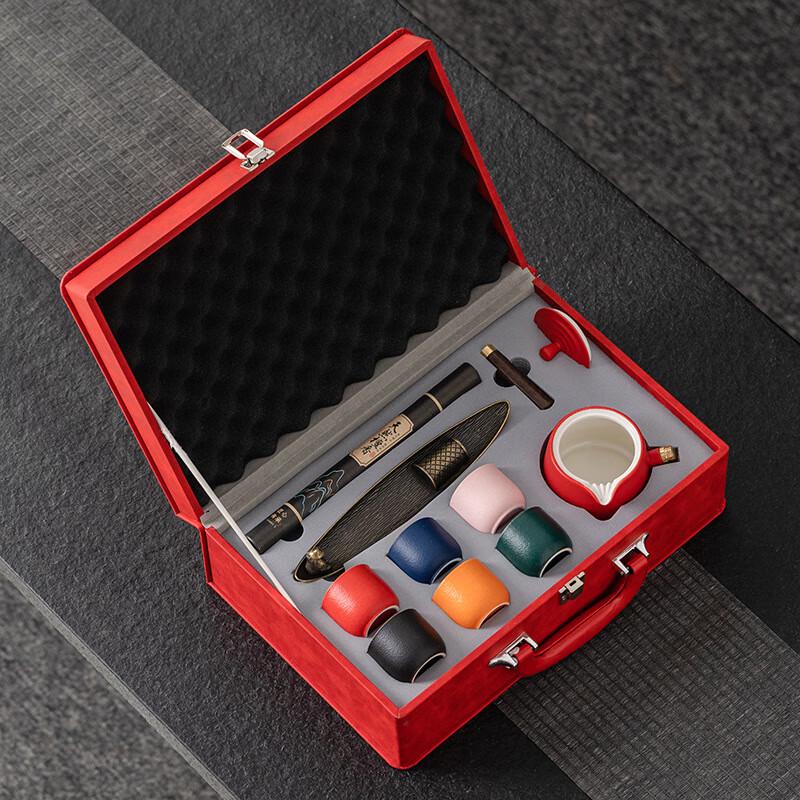 Red Ceramic Tea Set Gift Box with Incense Burner