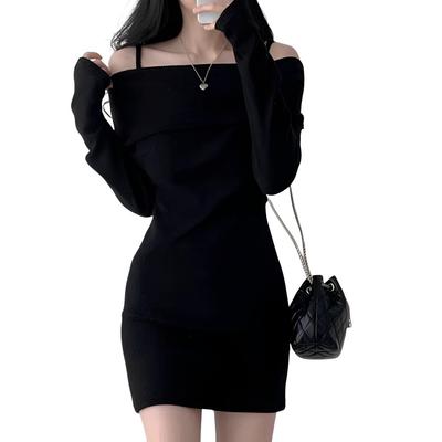 Knit Long Tight with Shoulder Winter [RREMN] Dress, Sleeve, Fit, Mini, Lightweight, Off-the-Shoulder, Women's, Straps, Spring, Fall, (JP, Alphabet, L,