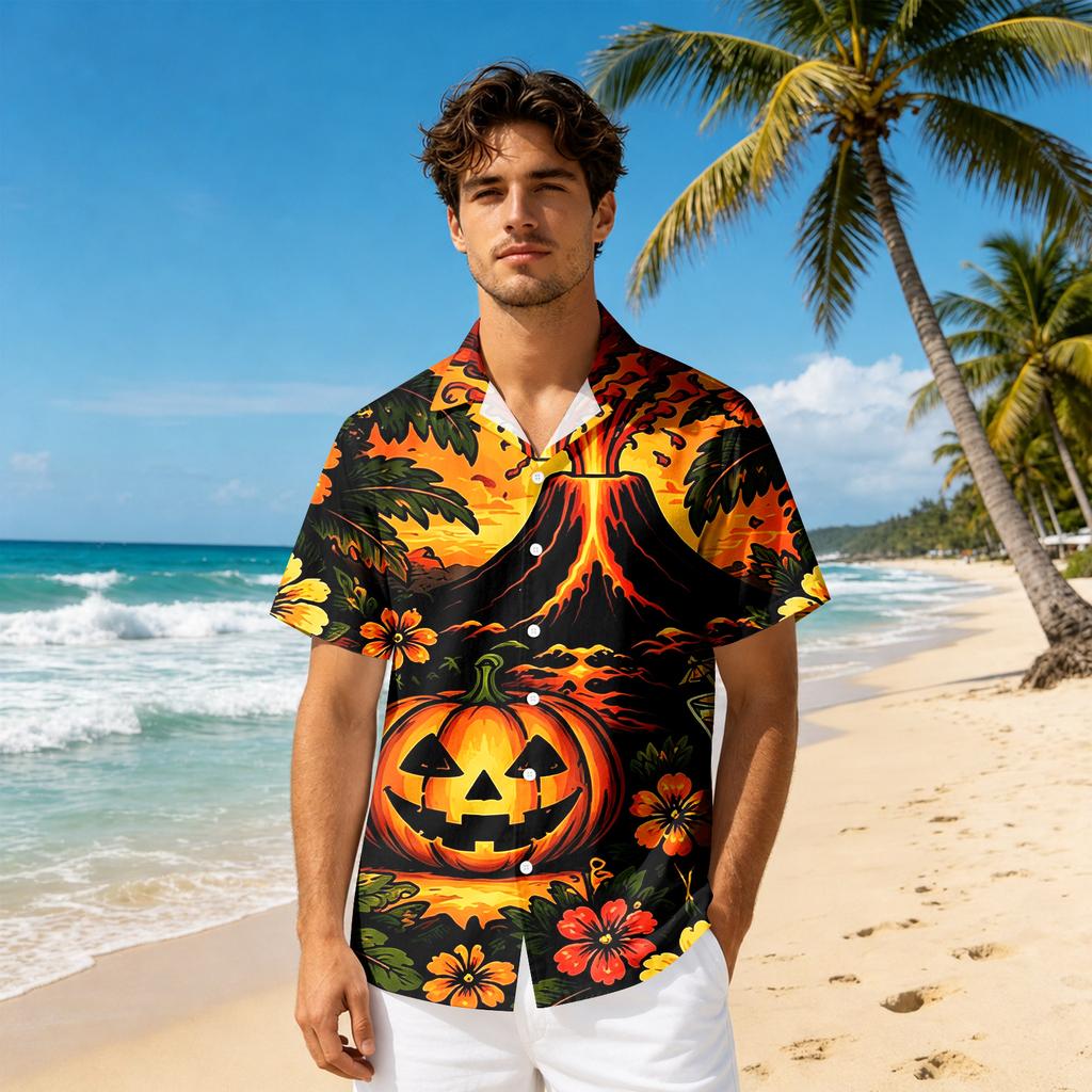 Men's Short Sleeve Casual Button Down Shirt Halloween Print Relaxed Fit Collared Shirt Lightweight Breathable Fabric