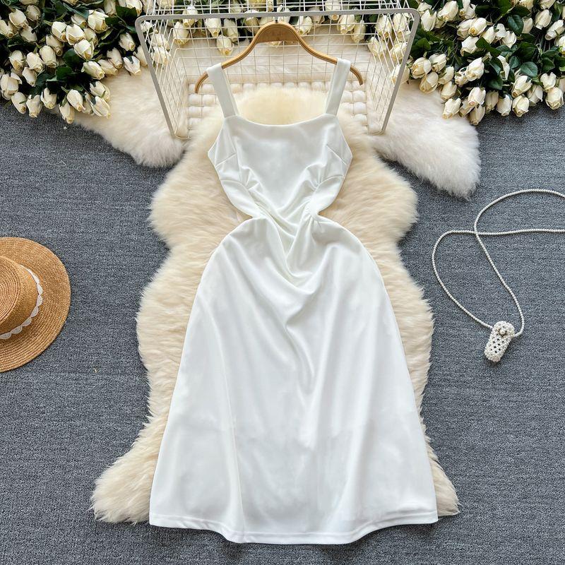 

Scheming Pleated Suspender Dress Women s Summer Stylish Niche Style Waist-Tight Slim Looking Elegant Pure Desire Style French Style Dress White S