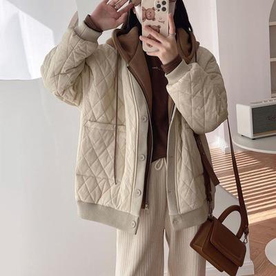 New Arrival! Hooded Thickened Cotton Coat with Faux Two-piece Design for Women Fashionable Hepburn Style High-end Diamond Stitching and Check Pattern