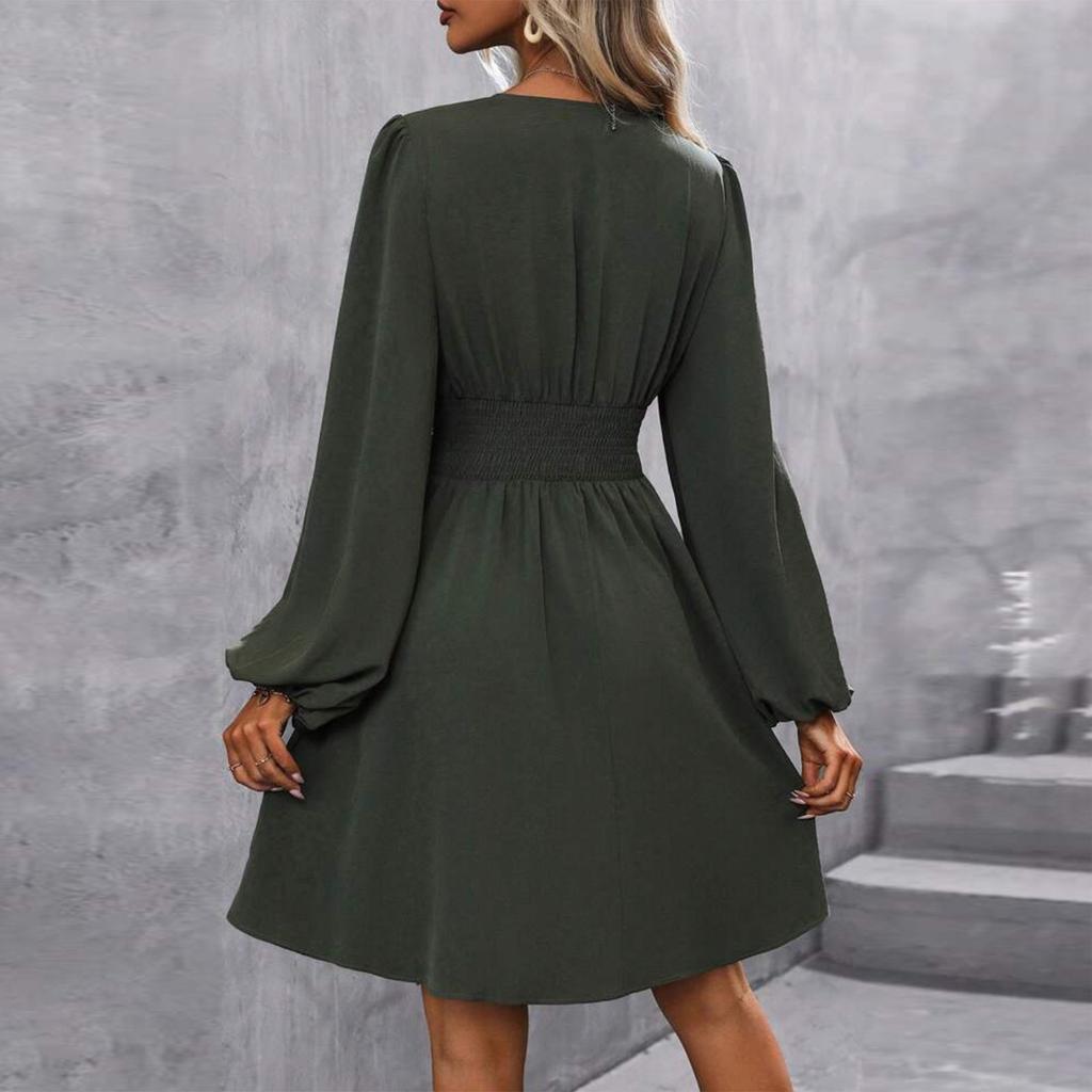 Women's Fashionable Color V Neck Long Sleeved Pleated Versatile Dress